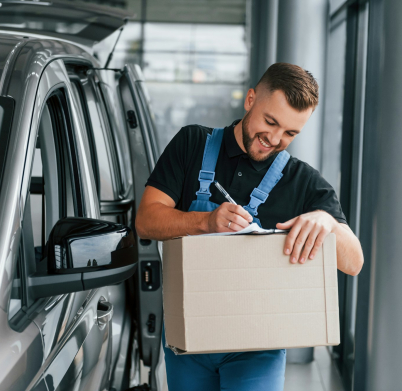 Paper box. Delivery man in uniform is indoors with car and with order